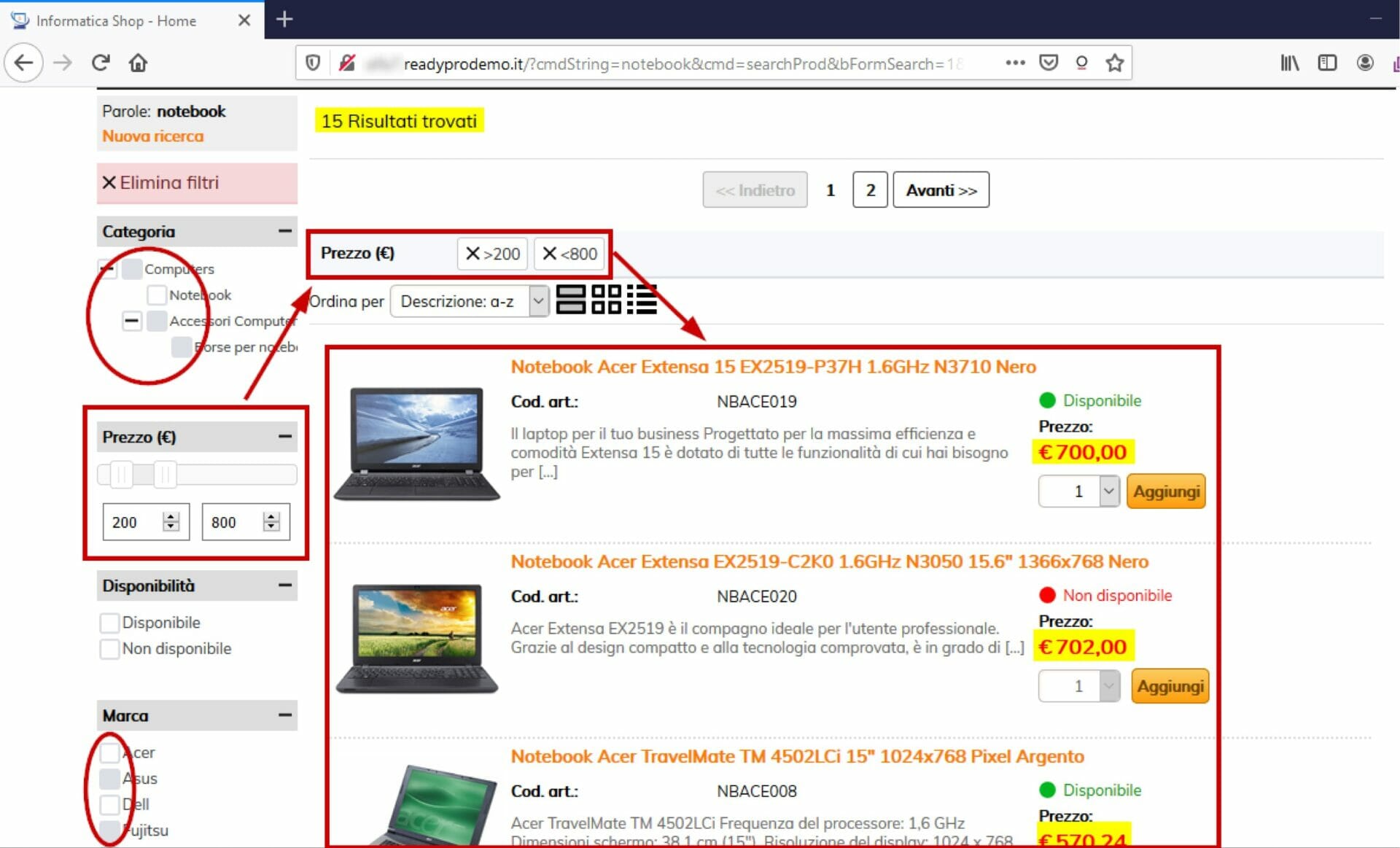 esempio di filtri di prodotti nell'e-commerce